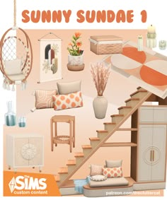 an advertisement for suny sunday with furniture and decor