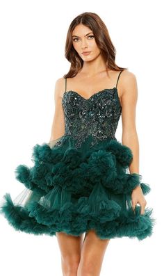 Hunter green sheer embellished corset short a-line party dress with sweetheart neckline. Tiered Tulle Dress, Tulle Short Dress, Layered Cocktails, Tiered Tulle Skirt, Mac Duggal Dresses, Red Cocktail Dress, Perfect Prom Dress, Beaded Bodice, Flare Mini Dress