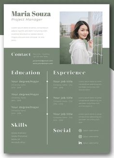 a green and white resume template with an image of a woman in the center, on top