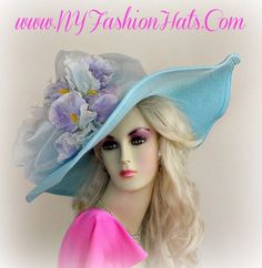 Luxury Statement Haute Couture Designer Hat For Women, Pastel Blue Lavender Wide Brim Hat, Formal Wedding Hat Horse Races, NYFashionHats Women's Wide Brim Pastel Blue Designer Fashion Kentucky Derby Hat With Beautiful Flowers. Perfect Hat For The Kentucky Derby Or Any Other Horse Race. This Special Occasion Dress Hat Is Custom Made By NY Fashion Hats Custom Millinery Headwear Apparel. Soft Pastel Blue Turquoise Wide Brimmed Designer Hat With Flowers. This fashion Kentucky Derby hat is embellishe Race Day Fashion, Special Occasion Hats, Mother Of The Bride Hats, Hat With Flowers, Ladies Dress Hats, Large Brim Hat, Horse Races, Royal Ascot Hats, Haute Couture Designers