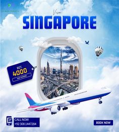 Promotional graphic for Salman Travels advertising a visa offer for Singapore. The image shows an airplane flying in a bright, cloudy sky with hot air balloons, and a cityscape visible through a window frame in the background. The offer highlights a price of 4000 BDT per person. A 'Call Now' button with the phone number and a 'Book Now' button are also displayed. Business Banner Design, Mecca Hotel, Banner Design Templates, Singapore Tour Package, Bali Tour Packages, Malaysia Tour, Singapore Tour, Visa Consultant, Banners Design