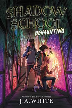 the cover for shadow school, featuring two people standing on a bridge