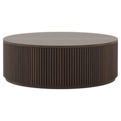 an image of a round coffee table with wooden slats on the top and bottom