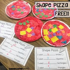 three paper plates that have different shapes and sizes on them with the words shope pizza free