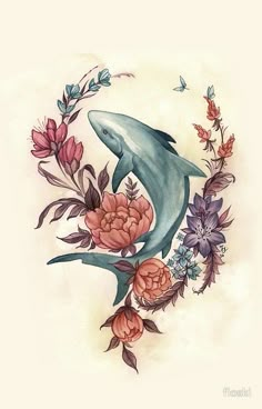 a drawing of a dolphin surrounded by flowers