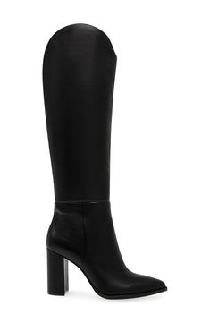 A curved topline amplifies the contemporary appeal of a knee-high leather boot balanced by a pointy toe and wrapped block heel. 3 1/2" heel 14 1/2" shaft; 15" calf circumference Leather upper/synthetic lining and sole Imported Black Knee-high Boots With Sculpted Heel For Wide Calves, Sleek Black Knee-high Boots With Pointed Toe, Black Knee-high Calf Leather Boots With Sculpted Heel, Black Synthetic Knee-high Boots With Pointed Toe, Black Knee-high Boots With Pointed Toe In Medium Width, Knee High Leather Boots, Leather Boot, Knee High Boots, Knee High