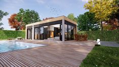 a 3d rendering of a pool house in the middle of a wooden decked area