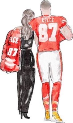 a drawing of two people in football uniforms, one is holding his arm around the other's shoulder