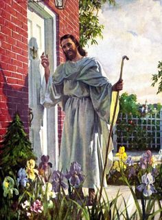 an image of jesus standing in front of a door with flowers and plants around him