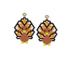 the pixelist style earrings are made out of different types of beads, and each has an image of a turkey on it