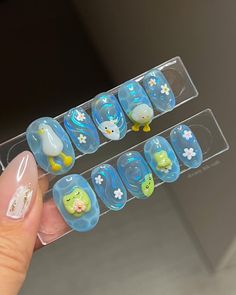 Pool Nails, Paznokcie Hello Kitty, Frog Pond, Water Nails, Fake Nails Designs, Pretty Gel Nails, Really Cute Nails, Kawaii Nails, Cute Nail Designs