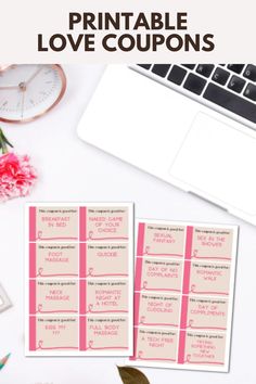 the printable love coupons are sitting on top of a desk next to a laptop