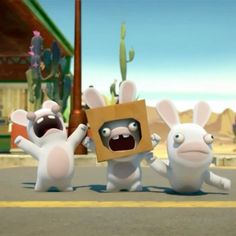 three cartoon characters are standing in the middle of the street, one is holding a cardboard box