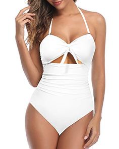 This retro-inspired one-piece swimsuit with cutout detail, shirring on the side, and tummy control is the perfect choice for any beach or pool day, ensuring you look and feel your best.Features: Swimwear Type: one piece swimsuits Style: modern, cute bathing suits Fabric: 82% nylon, 18% spandex Closure: tie closure Neckline: sweetheart neck, halter swimwear Back Style: backless Color: white Decoration: tie knot, cutout, tummy control Waist: high waist Garment Care: hand wash only Cutout One Piece, One Piece Swimsuit White, Halter Swimwear, Swimsuit Material, Cute Bathing Suits, Monokini Swimsuits, One Piece Swimsuits, One Piece Bathing Suit, White Swimsuit