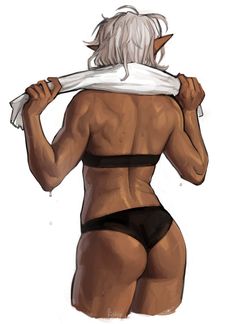 a drawing of a woman in black panties holding a towel over her head and looking back at the camera