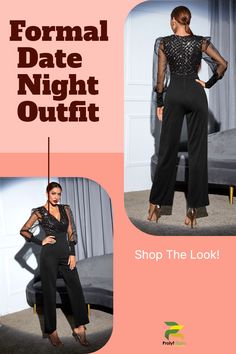 Make a statement on your next date night with this stunning black wide leg jumpsuit! This elegant and stylish jumpsuit is the perfect formal outfit for women. The flattering wide leg design is comfortable and fashionable, while the high-quality materials ensure this jumpsuit is ideal for any occasion. Whether you're looking for a formal dinner date outfit or an elegant date night look, this black jumpsuit is an ideal choice. So why wait? Add it to your wardrobe today and step out in style! Elegant Evening Jumpsuits And Rompers With Sheer Sleeves, Elegant Jumpsuits And Rompers With Sheer Sleeves For Evening, Glamorous Black Formal Jumpsuits And Rompers, Elegant Party Jumpsuits With Sheer Sleeves, Elegant Party Jumpsuits And Rompers With Sheer Sleeves, Glamorous Black Jumpsuits And Rompers For Formal Occasions, Long Sleeve Jumpsuit For Cocktail Party, Long Sleeve Jumpsuits And Rompers For Cocktail Parties, Glamorous Prom Jumpsuits And Rompers