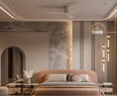 a modern bedroom with marble walls and flooring, including a large bed in the center