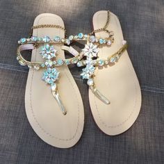 Beautiful Jewel Sandals With Chain Clasp. Never Used. Jewel Sandals, Jeweled Flats, Jeweled Sandals, Flat Sandals, Women's Shoes Sandals, Shoes Sandals, Size 7, Women Shoes, Sandals