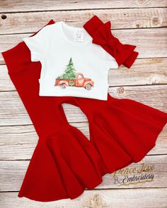 Christmas Red Truck with Tree Bell Bottom Outfit, Farm Christmas Day Toddler Set, Holiday Red Tractor Baby Bell Bottoms, Toddler Bellbottoms BOW #1 is a headband.  BOW #2 is a wide head wrap style headband.  PROCESSING TIME IS 1 Week FROM DATE OF PURCHASE. Processing time does not include shipping which is an additional 3-5 business days.   If needed sooner a rush upgrade can be chosen during checkout, please message me first.   The shirt is boutique quality and is very soft. These are vinyl des White Bottoms For Christmas Holiday, Red Cotton Holiday Set, Fitted Red Set For Holidays, Festive Red Holiday Sets, Festive Red Holiday Set, Holiday Festive Red Set, Fitted Bottoms For Christmas Holiday, Festive Fitted Red Bottoms, Fitted Red Bottoms For Festive Occasions