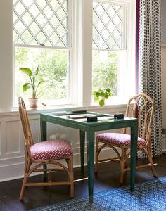 two chairs and a table in front of a window