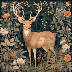 a painting of a deer surrounded by flowers