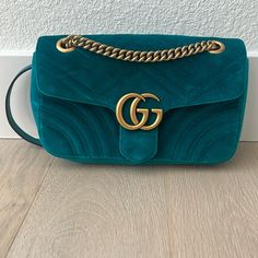 Gucci Velvet No Wear Inside No Wear Green Gucci Bag With Gold-tone Hardware, Gucci Green Bags With Gold-tone Hardware, Gucci Green Shoulder Bag For Evening, Green Gucci Shoulder Bag For Evening, Luxury Turquoise Evening Bag, Luxury Gucci Green Shoulder Bag, Chic Green Gucci Bag, Chic Green Gucci Shoulder Bag, Blue Gucci Shoulder Bag For Evening