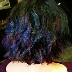 Dark Brown With Color Highlights, Peacock Highlights Brown Hair, Oil Slick Hair Color Short, Dnd Kenku