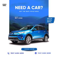 a blue car with the text need a car? get the best price here