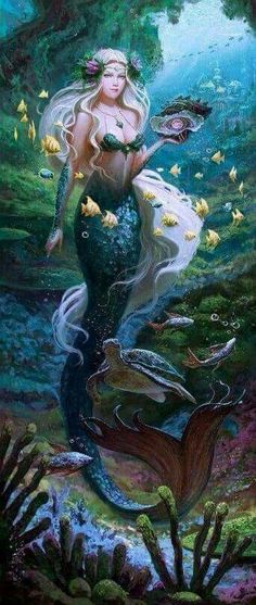 a painting of a mermaid holding a fish in her hand and swimming under the water