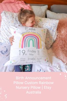 This rainbow birth announcement pillow has captured your baby girls birth stat details. A personalised baby cushion that will look beautiful in a rainbow themed nursery. #birthannouncementcushion #birthannouncement #birthannouncementpillow #rainbownurserydecor #babyannouncement #birthstatpillow #girlsbirthstatpillow #birthstat #birthstatdecor #birthdetailscushion #girlsbirthdetailscushion #rainbownaamecushion