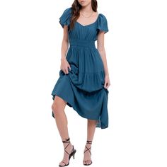 Introducing the August Sky Women's Flutter Sleeves Elasticized Waist Tiered Midi Dress, a perfect blend of comfort and style. Featuring a flattering V-neckline and elegant flutter sleeves, this dress offers a sophisticated yet effortless look. The elasticized waist enhances your silhouette, while the tiered skirt adds a touch of whimsy. Crafted from lightweight fabric and fully lined, it's perfect for any occasion. Embrace timeless elegance with this chic midi dress. Casual Flutter Sleeve Midi Dress For Fall, Solid Color Ruched Midi Dress With Flutter Sleeves, Flowy Solid Midi Dress With Ruffle Hem, Casual Flutter Sleeve Midi Dress For Brunch, Casual Midi Dress With Flutter Sleeves For Brunch, Solid Color Flowy Midi Dress With Flutter Sleeves, Spring Maxi Dress With Flutter Sleeves, Casual Ruched Midi Dress With Flutter Sleeves, Spring Midi Dress With Flutter Sleeves In Solid Color