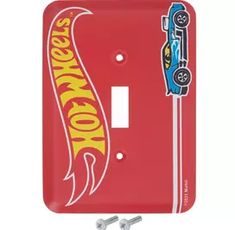 a red light switch cover with a cartoon car on it's side and two screws