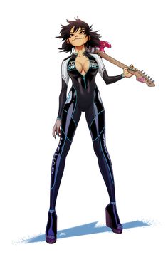 a woman in black catsuit holding a guitar