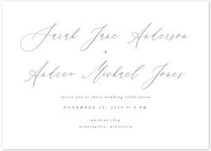 the wedding card is shown in grey ink and has an elegant calligraphy font on it