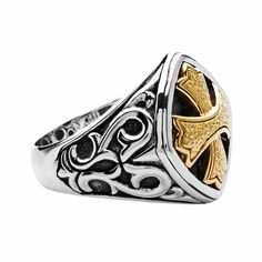 Introducing the Crusader's Ring—a powerful union of silver and brass, embodying valor and virtue. This ring is not merely an ornament; it's a bastion of belief, a symbol of the courage that guides those who wear it. With its layered cross design, it's a modern relic that speaks to the soul's journey through trials and triumphs. The ring features a bold, brass cross, its textured surface catching the light and the eye, nestled into a bed of blackened silver. This contrast is no coincidence; it's Layered Crosses, Souls Journey, Cross Ring, Cross Design, Cross Designs, Crusades, Signet Ring, Silver Gold, 18k Gold