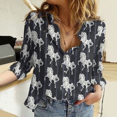 Striped Pattern White Horses All Printed 3D Casual Shirt, Farm Casual Shirt, Farm Gift, Farmer Gift, Gift For Her, Ladies Shirt Print Blouse Outfit, Casual Shirts Women, Free Feeling, Elegant Attire, Gifts For Farmers, Casual Shirt Women, White Horses, Casual Summer Shirts, Shirts Women