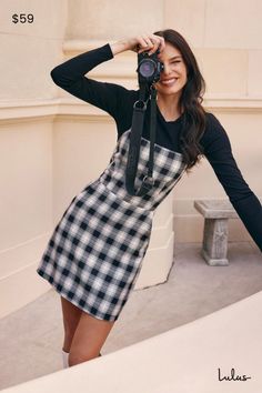 You'll always cherish the days you spend in the Lulus Sweetest Memory Black Plaid Lace-Up Mini Dress With Pockets! This sturdy, woven mini dress has an allover brown and black plaid pattern across its straight neckline, A-line silhouette, and long straps that lace up and tie at back. Diagonal front pockets. Hidden back zipper/clasp. Fit: This garment fits true to size. Length: Mid-thigh. Size medium measures 28" from shoulder to hem. Bust: Great for any cup size. Waist: Fitted - very fitted at natural waist. Hip: Loosely Fitted. Undergarments: May be worn with an adhesive bra, petals, or no bra. Fabric: Fabric has no stretch. Fully lined. Shell: 80% Polyester, 17% Rayon, 3% Spandex. Pocket Lining: 100% Polyester. Hand Wash Cold. Do Not Bleach. Hang To Dry. Imported. Lulus | Sweetest Memory Plaid Dress Outfit, Early Fall Fashion, Chic Style Inspiration, Thanksgiving Outfit Ideas, Cute Thanksgiving Outfits, Thanksgiving Outfit Women, Chic Fall Outfits, Lulu Fashion, Fall Transition