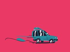 an illustration of a blue van with a surfboard on it's roof is shown in front of a pink background