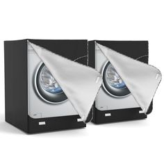 two black and white speakers are shown with one speaker folded over it's side