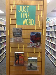 there are many books on display in the bookcases at this library and one word is just one word