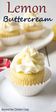 lemon buttercream cupcakes on a white plate with the title overlay