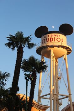 the disney studios water tower has mickey ears on it's head and is surrounded by palm trees