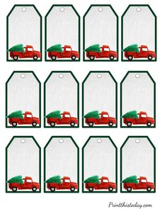 red truck with christmas tree on the back set of 12 gift tags for holiday gifts