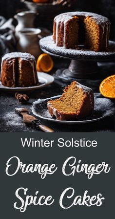 an orange ginger spice cake on a plate with the words winter solstice above it