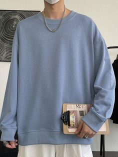 Color: Blue Pattern Type: Solid Color Composition: Cotton Blend Style: Casual Loose Knitwear, Basic Wardrobe Essentials, Jeans And Hoodie, Basic Wardrobe, Cotton Shirt Dress, Blazer With Jeans, Blue Sweatshirt, Male Fashion, Wardrobe Basics