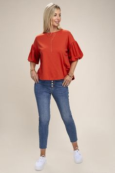 Chic and Versatile. Get ready for a style boost with this fashion top. This cute, round neckline top features bubble sleeves for a trendy look that's both comfortable and stylish. Material: 62% Polyester, 32% Cotton, 6% Elastane Fabric: Stretch, Non-sheer Style: Short Sleeve, Bubble Sleeve, Round Neckline, Solid Pattern Care Instructions: Machine wash cold, tumble dry low Model is 5' 8" and wearing size Small Bubble Sleeve Top, Balloon Sleeve Top, Bubble Sleeve, Fashion Top, Design Fabric, Kimono Sleeve, Brick Red, Mini Dress With Sleeves, Sheer Fabrics