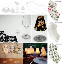 a collage of different items including wine glasses, lamps and paper plates with flowers on them