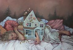 a painting of a woman laying on top of a bed with a doll house next to her