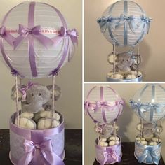 three pictures of stuffed animals in a basket with ribbons on them, and two photos of the same item