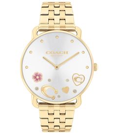 From COACH&#x2C; this women's watch features:Gold-tone stainless steel bracelet and caseApprox. case diameter: 36mmMineral crystal Quartz analog movementDeployment closureWater-resistant up to 99 feetSilver white dialImported. Gold Watches For Valentine's Day, Elegant Silver Watch For Valentine's Day, Valentine's Day Elegant Silver Watch, Elegant Gold Watch For Valentine's Day, Timeless Silver Coach Jewelry, Timeless Coach Jewelry For Gift, Coach Gold Watch As Gift, Coach Gold Watch As A Gift, Coach Gold Watch For Gift